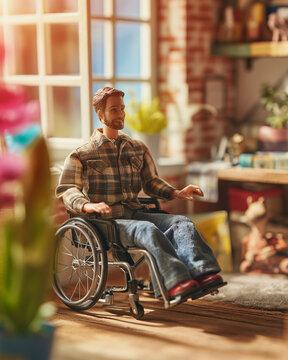 Disabled person in wheelchair represented as a male fashion model doll toy to symbolize someone who had an accident and was severly injured, or a patient with a crippling disease, reduced mobility  