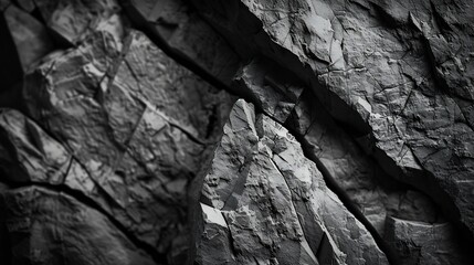 Black white rock texture Rough mountain surface Closeup Dark volumetric stone background with space for design Crumbled Weathered : Generative AI