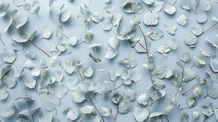 Eucalyptus leaves on pastel gray background Pattern made of eucalyptus branches Flat lay top view copy space : Generative AI