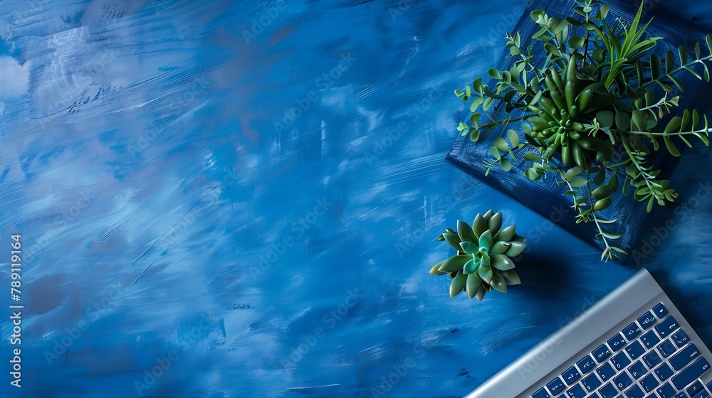 Fototapete blue table with keyboard wooden objects and plant top view workspace : generative ai