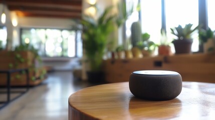 Smart home device on a wooden table in a bright, plant-filled room