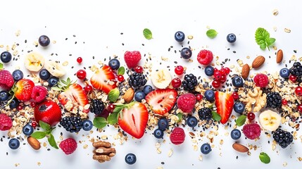 Healthy breakfast with muesli fruits berries nuts on white background Flat lay top view : Generative AI