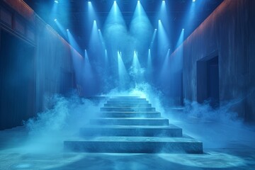Surreal stairway in a foggy environment, illuminated by atmospheric blue lights for a mystical effect