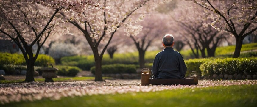 Senior man sitting cross-legged practicing meditation in a park during cherry blossom season