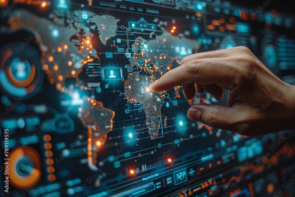 Poster close-up of a human finger interacting with a futuristic digital map interface displaying global con