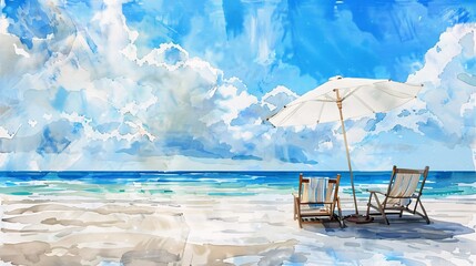a beautiful beach banner in watercolor, white sand, chairs, umbrella, for a panoramic travel tourism concept. Amazing beach landscape painting