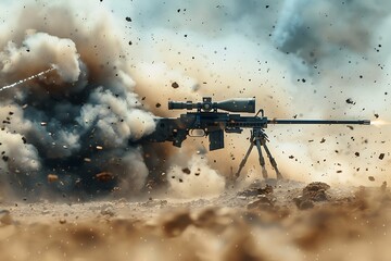: A machine gun with a bipod, surrounded by a cloud of smoke and debris from firing