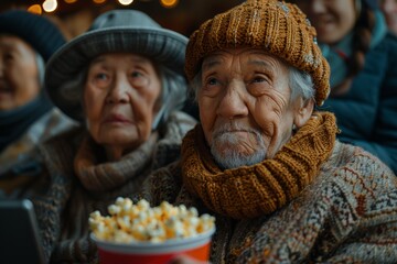 An elderly man with a textured hat and scarf looks thoughtful holding a popcorn container at a public event