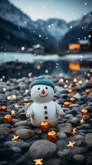 A snowman, night warm photo, snow landscape, happy expression сreated with Generative Ai