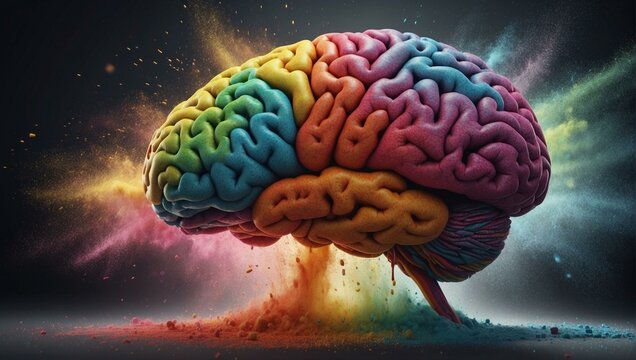 Vibrant colors illustrate a human brain in a dynamic and explosive background, symbolizing creativity and cognitive processes