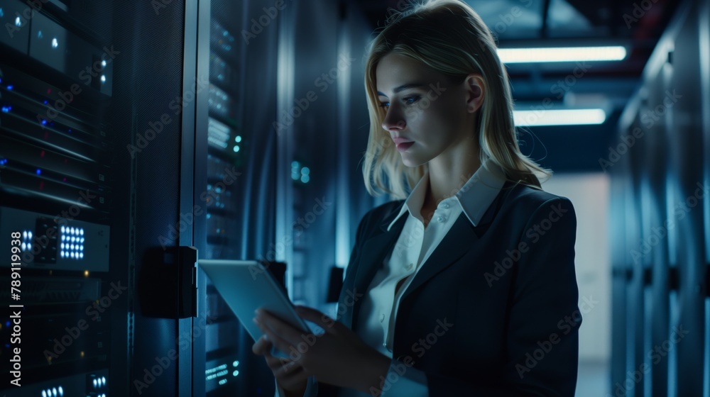 Aufkleber A professional data scientist in a data center analyzes large amounts of information and develops strategies for storing and protecting it to ensure data reliability and confidentiality.