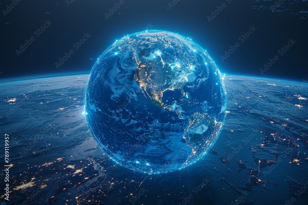 Poster the earth shines from space with illuminated network lines representing global connectivity and tech