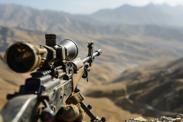 : A machine gun on a swivel mount, with the gunner and the weapon in sharp focus against a blurred background - obrazy, fototapety, plakaty