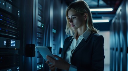 A professional data scientist in a data center analyzes large amounts of information and develops strategies for storing and protecting it to ensure data reliability and confidentiality.