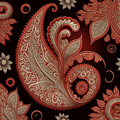 Paisley decor wallpaper, stylized floral pattern in red and platinum on black background