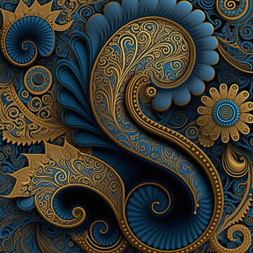Paisley decor texture, stylized floral pattern in blue and gold on black background