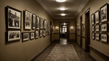 A hallway adorned with a chronological display of framed, historic family photographs in sepia tones Generative AI