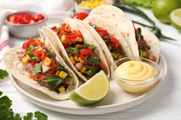 Tasty tacos with vegetables on white wooden table, closeup