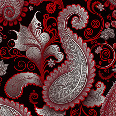 Paisley texture wallpaper, stylized floral decor in red and silver on black background