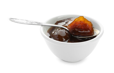 Bowl of tasty sweet fig jam and spoon isolated on white