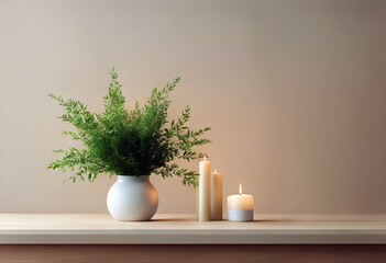 rendering mockup green background empty brown vase light wooden twigs interior table wall 3D standing Traditional white candle living room layout blank template free space