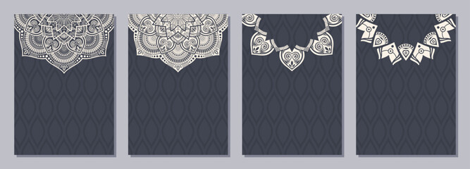 Set of four color cards or flyers with ethnic mandala ornament. Abstract mandala flyer design. Decorative pattern with ornate texture, tribal ethnic oriental motif. Beige color mandala layout design. - 789120382