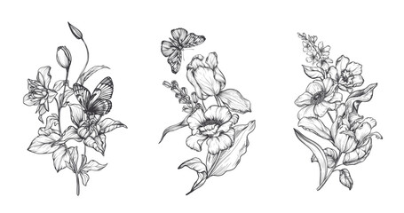 Set of three beautiful hand drawn vector compositions with black and white blooming spring garden flowers, butterflies
