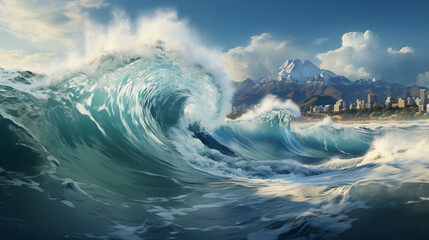 Urban Ocean Concept. Panoramic View of a Wave Crashing in Front of City Skyline.  Large Wave Towering Over a Modern City - obrazy, fototapety, plakaty