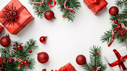 Christmas composition Gifts fir tree branches red decorations on white background Christmas winter new year concept Flat lay top view copy space : Generative AI
