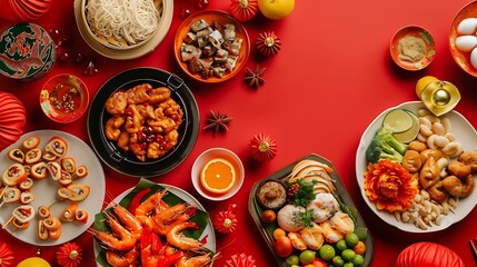 Fototapeta na wymiar Chinese new year festival table over red background Traditional lunar new year food Flat lay top view : Generative AI