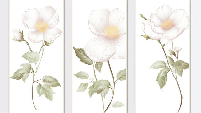 Set of three vertical banners with wild rose flowers. Vector illustration.