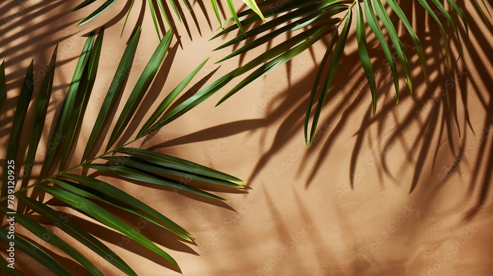 Aufkleber shadows of tropical leaves of a palm tree on a brown background top view flat lay banner : generativ