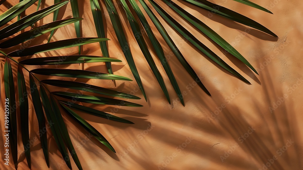 Aufkleber shadows of tropical leaves of a palm tree on a brown background top view flat lay banner : generativ