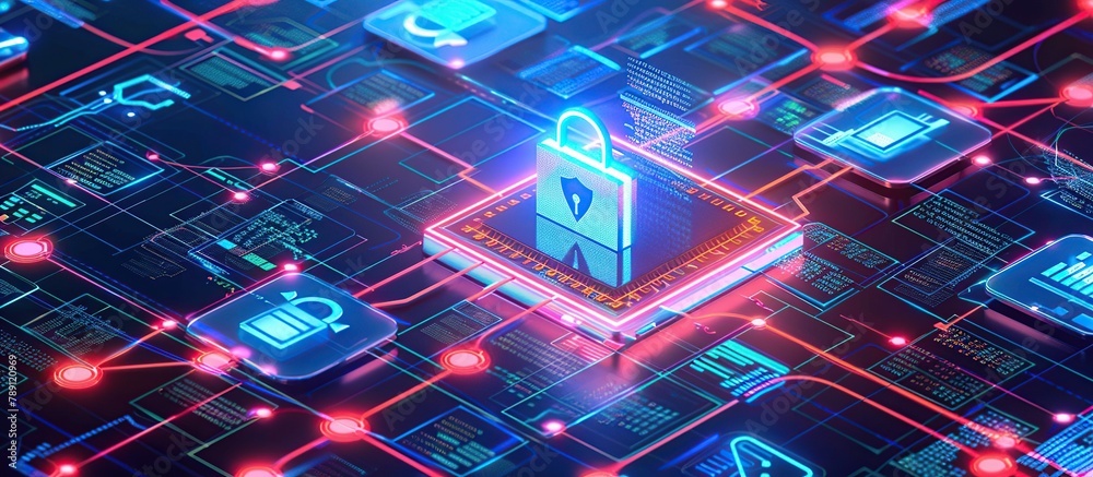 Poster Visualization of a secure network infrastructure with encryption confidence in digital transactions. Cyber security.