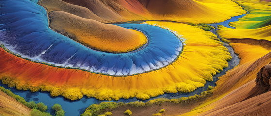 Top view colorful mountainslandscape with the river, abstract image illustration