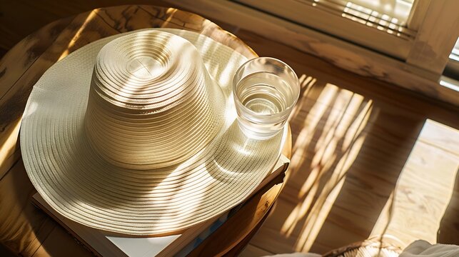 Flat lay of sun hat with a stack of books and a glass of water : Generative AI