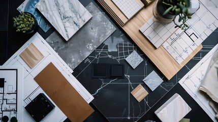 Flat lay design of creative interior design moodboard composition with samples materials like wood textile stone and black switch on blueprint background : Generative AI