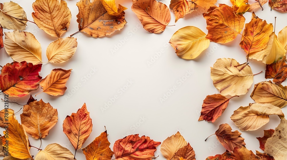 Poster Autumn composition Frame made of autumn dried leaves on white background Flat lay top view copy space : Generative AI