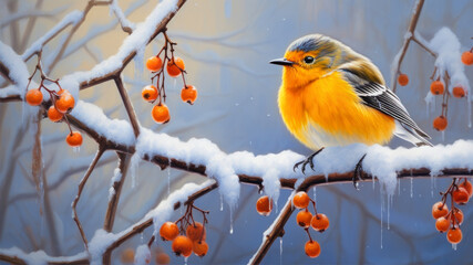 A robin is sitting on a branch of rowan covered with snow - obrazy, fototapety, plakaty