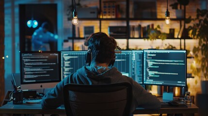 Dedicated web developer engrossed in programming on multiple monitors amidst high-tech office environment