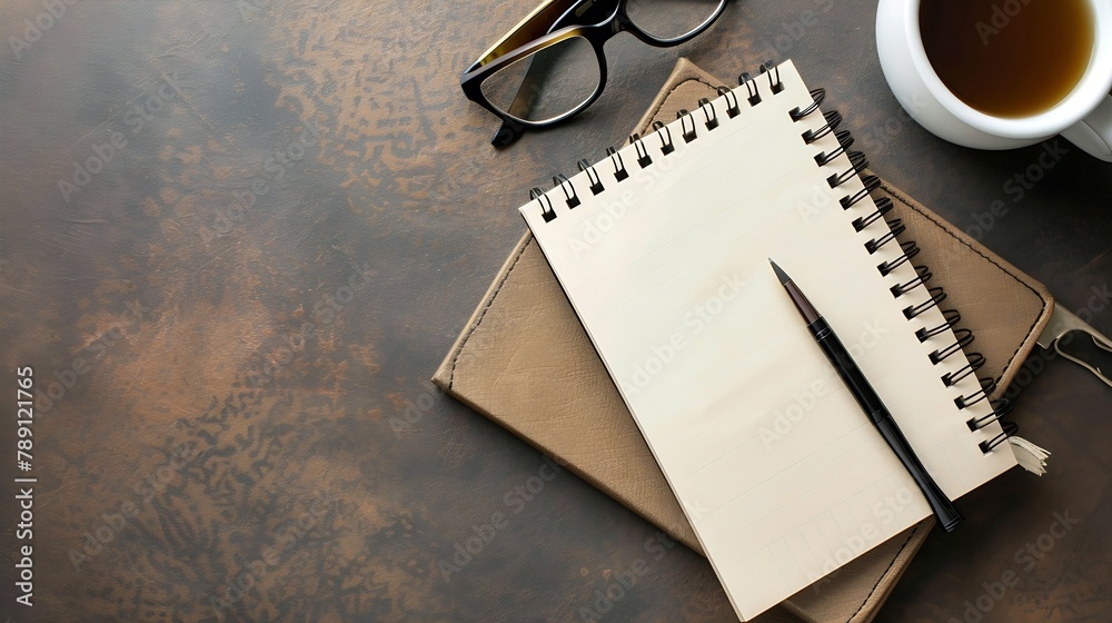Fototapete Styled stock photography brown office desk table with blank notebook computer supplies and coffee cup Top view with copy space Flat lay : Generative AI