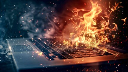 Dynamic cyber attack digital crime metaphor concept laptop computer on fire on hot fire background 
