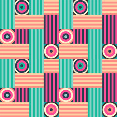 Vector bright summer seamless pattern assembled from squares with geometric ornaments. Vector endless background in modern style