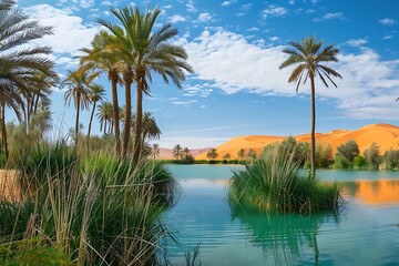 Fototapeta na wymiar : A lush desert oasis with towering palm trees, crystal-clear water, and golden sand dunes in the background