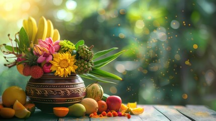 Kerala festival with vishu kani flowers and fruits and vegetables in a vase with shimmering festive copyspace background