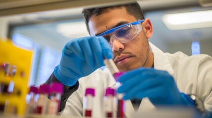 A young Hispanic male lab technician closely examining a blood sample tube. Wearing safety goggles and blue gloves, in a well-lit clinical lab environment.