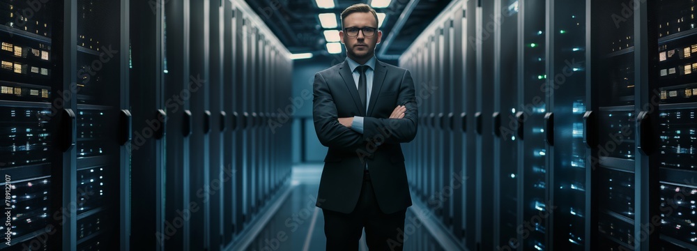 Poster a businessman-strategist in a data center conducts a constant check of the security and efficiency o