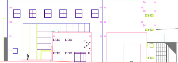vector image of architectural detail design of the front view of the public cinema performance hall auditorium