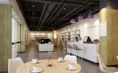 3d render. Modern coffee shop interior scene.