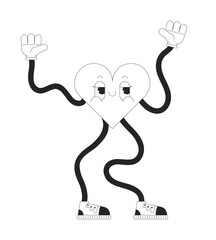 Retro funky heart with wavy arms and legs black and white 2D line cartoon character. Dancing valentines day mascot isolated vector outline personage. Heartshaped monochromatic flat spot illustration